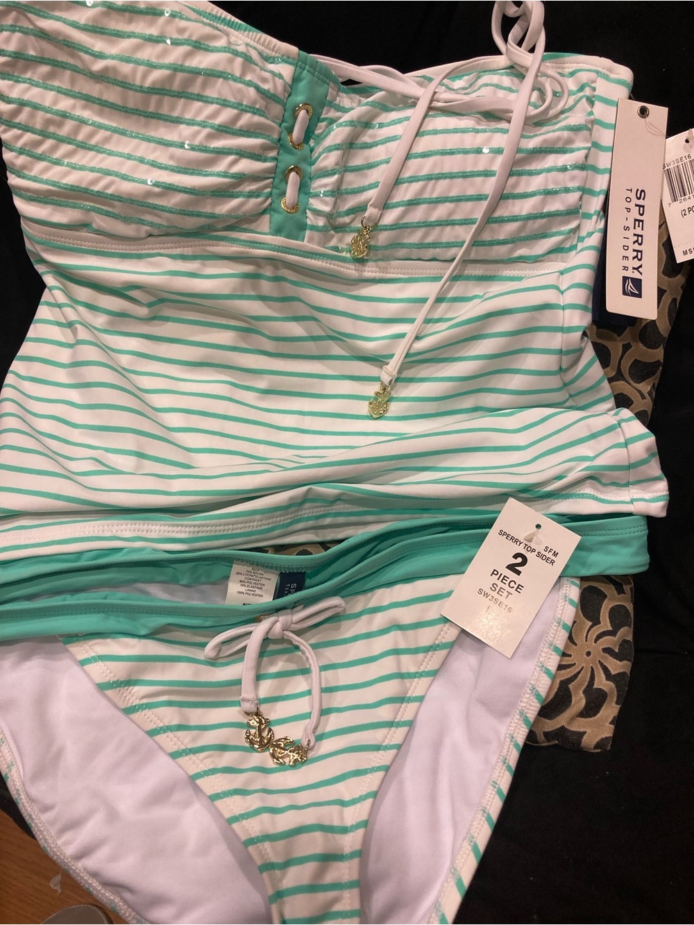 Sperry Two-Piece Mint & White Striped Swim Set Large